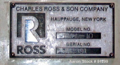 USED: Ross Versa Mix model PVM-10. 10 gallon mixing capacity, 321 stainless steel, change can design. Triple agitation, 18" diameter x 13-1/2" deep carbon steel jacketed can, off-center bottom outlet...