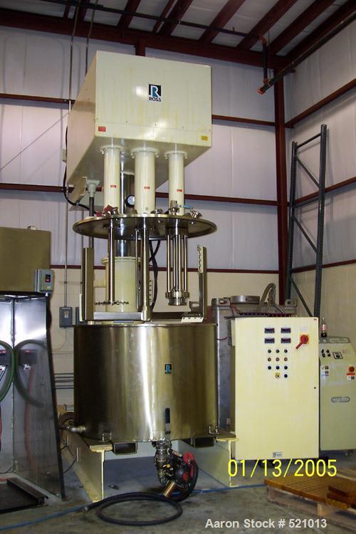 USED: Ross PVM300. Mixing capacity is 150 to 300 gallons, fullcapacity 389 gallons. Anchor type agitator with a 20 hp motor,disperser and rotor stator agitator each have a 30 hp motor.Stainless steel...