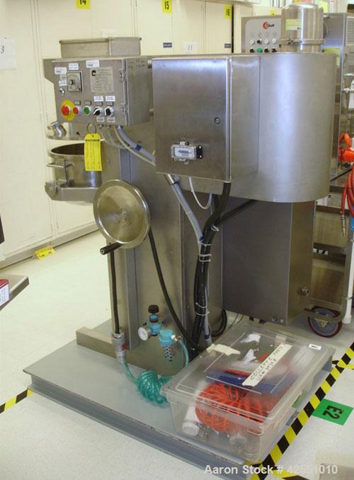 Used Collette High Shear Mixer, Model GRAL 25. 25 Liter (6.6 gallon) stainless steel. Non-jacketed bowl, 5/3.3 hp main drive, 280/420 rpm, 1/2 hp chopper, 1500/3000 rpm, XP motors, manual bowl lift, ...