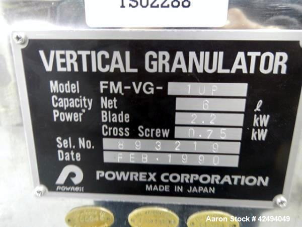 Used Stainless Steel Powrex Corportation high shear granulator, 6 liter, model FM-VG-1UP