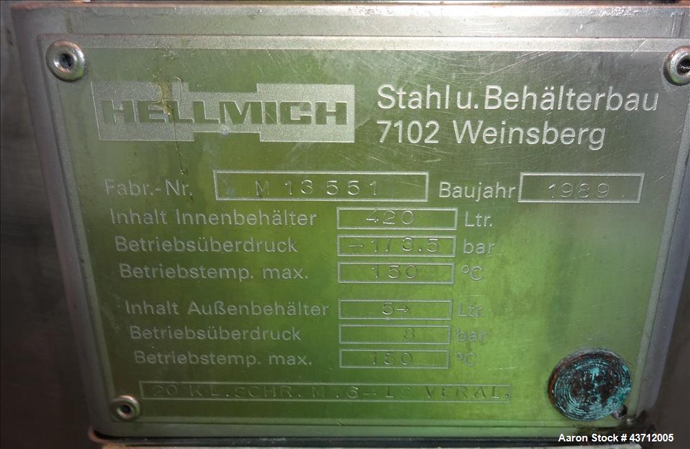 Used Hellmich Reactor, 110 Gallon, 316 Stainless Steel, Vertical.