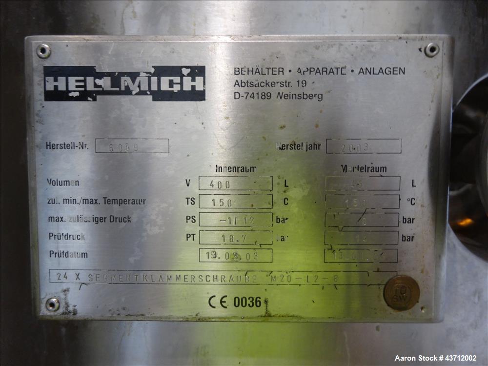 Used Hellmich Reactor, 105 Gallon, 316 Stainless Steel, Vertical.