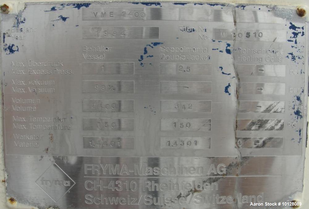 Used Fryma VME-2400 Vacuum Mixer – 2400L | Dual Agitators | -1/+1 Bar | 150°C | Sanitary | Toothpaste-Grade