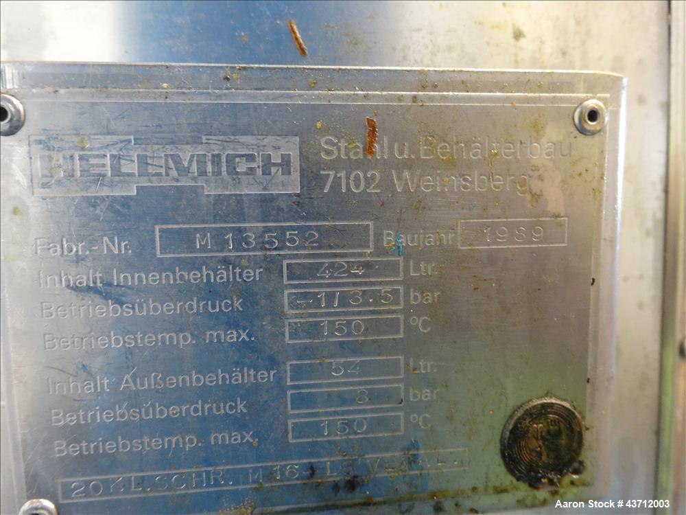 Used Hellmich Reactor, 112 Gallon, 316 Stainless Steel, Vertical.