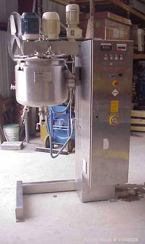 Used Fryma Vacuum Processing Intensive Mixer, Model VME-150, 50 liter (13.2 gallon).  Internal rated 1 bar, vac @ 150 deg C.  Jacket rated 4 bar at 150 deg C.  Has sweep blade, disperser and dissolve...