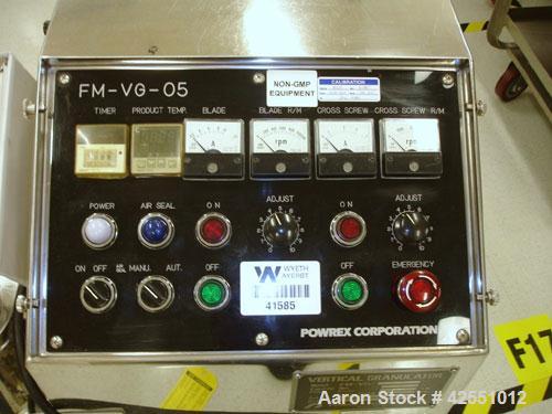 Used Glatt Powerex High Shear Mixer, Model FM-VG-05, stainless steel. 5 Liter (1.32 gallon) jacketed bowl, 3 liter (.79 gallon) working capacity, 1.5 kW main drive, .4 kW chopper, on portable base wi...