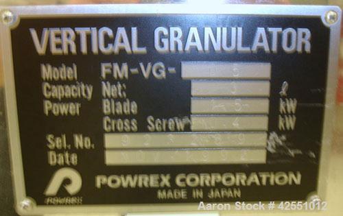 Used Glatt Powerex High Shear Mixer, Model FM-VG-05, stainless steel. 5 Liter (1.32 gallon) jacketed bowl, 3 liter (.79 gallon) working capacity, 1.5 kW main drive, .4 kW chopper, on portable base wi...