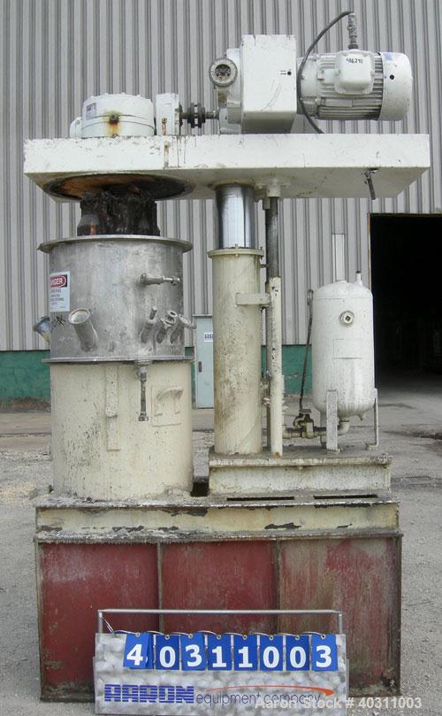Used Ross double planetary mixer, model HDM40, 304 stainless steel. 8-40 gallon working capacity. 25" diameter x 22" deep carbon steel jacketed can. Air/oil lift, top vacuum dust hood with charge por...