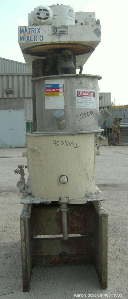 Used Ross double planetary mixer, model HDM40, 304 stainless steel. 8-40 gallon working capacity. 25" diameter x 22" deep carbon steel jacketed can. Air/oil lift, top vacuum dust hood with charge por...