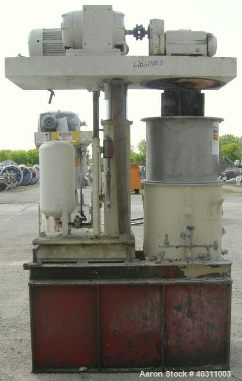 Used Ross double planetary mixer, model HDM40, 304 stainless steel. 8-40 gallon working capacity. 25" diameter x 22" deep carbon steel jacketed can. Air/oil lift, top vacuum dust hood with charge por...