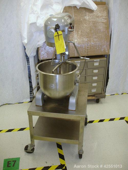 Used Hobart Mixer, Model AS 200T, 20 Quart. Stainless steel bowl and beater, 1/2 hp, 1/60/115 volt, 1725 rpm motor.