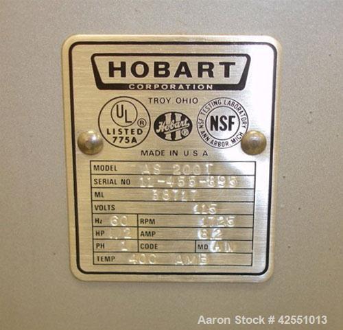 Used Hobart Mixer, Model AS 200T, 20 Quart. Stainless steel bowl and beater, 1/2 hp, 1/60/115 volt, 1725 rpm motor.