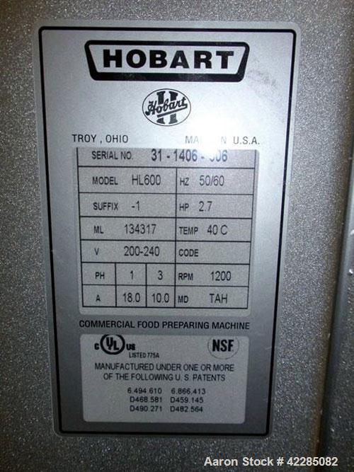 Used Hobart Mixer, Model HL600. Stainless steel construction, 60 quart capacity bowl with beater, 240 volt, serial# 31-1406-506.
