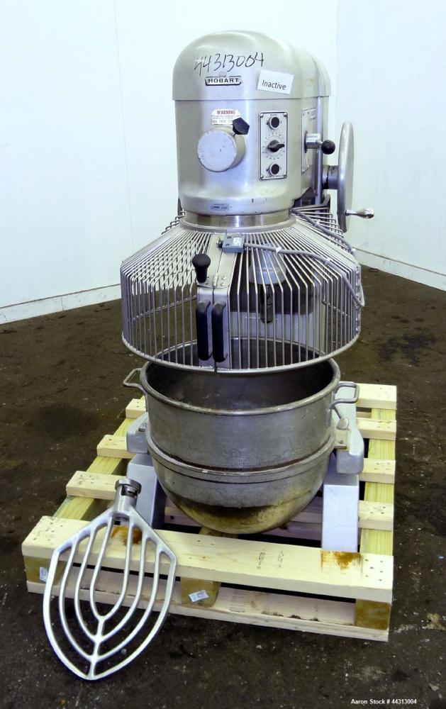 Used Hobart All Purpose Mixer, Model L-800, 80 Quart Capacity. (4) Fixed speeds. Includes a wire stainless steel bowl guard, manual bowl lift, (1) 18” diameter x 20” deep carbon steel mixing bowl, (1...
