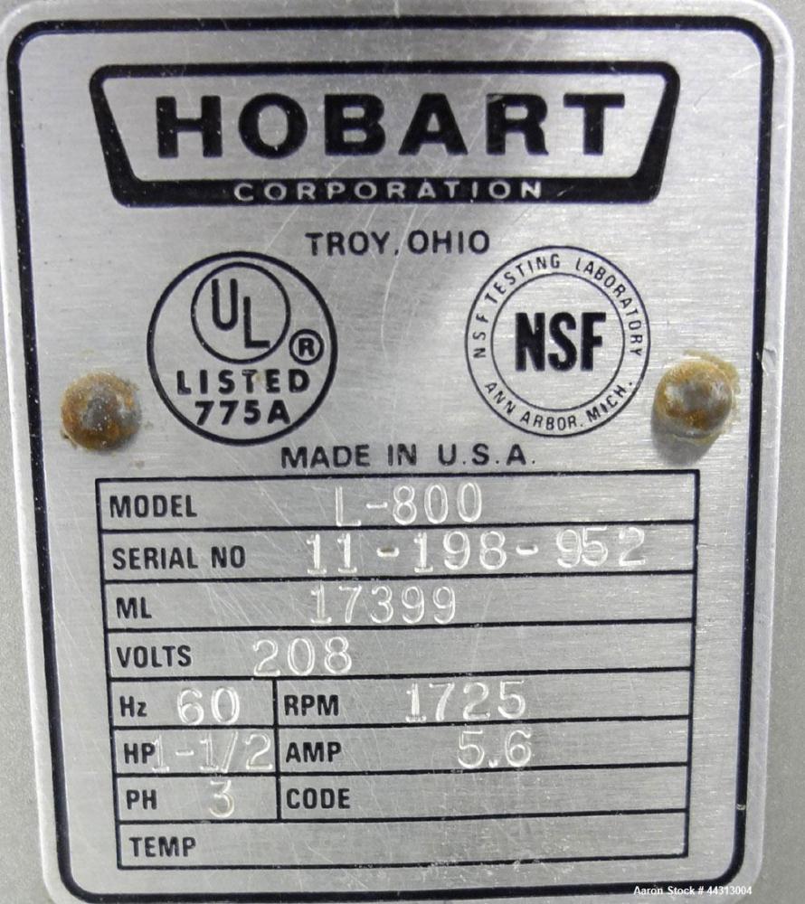 Used Hobart All Purpose Mixer, Model L-800, 80 Quart Capacity. (4) Fixed speeds. Includes a wire stainless steel bowl guard, manual bowl lift, (1) 18” diameter x 20” deep carbon steel mixing bowl, (1...
