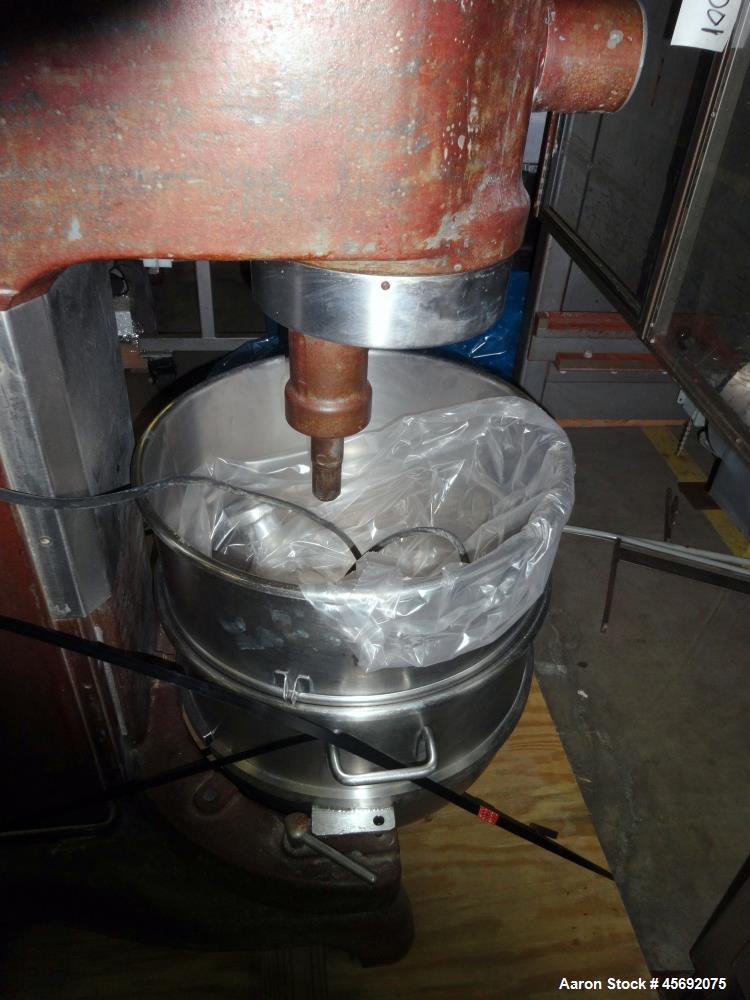 Used Hobart Mixer, Model L800. 80 Quart capacity stainless steel bowl. Driven by a 1-1/2hp, 3/60/220 volt. Serial# 1125658.