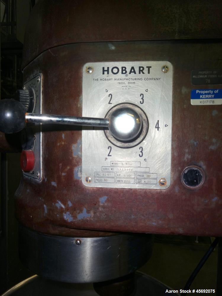 Used Hobart Mixer, Model L800. 80 Quart capacity stainless steel bowl. Driven by a 1-1/2hp, 3/60/220 volt. Serial# 1125658.