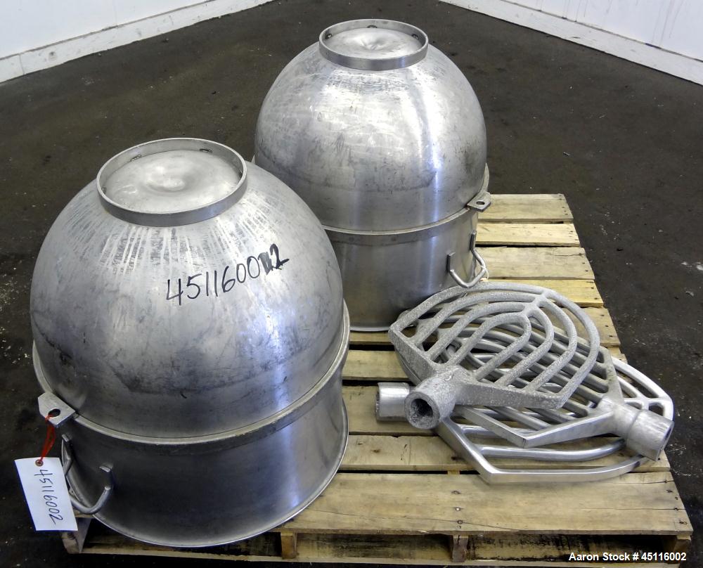 Used Hobart 140 Quart Parts Consisting Of: (2) 304 Stainless steel mixing bowls, and (3) "B" aluminum flat beaters.