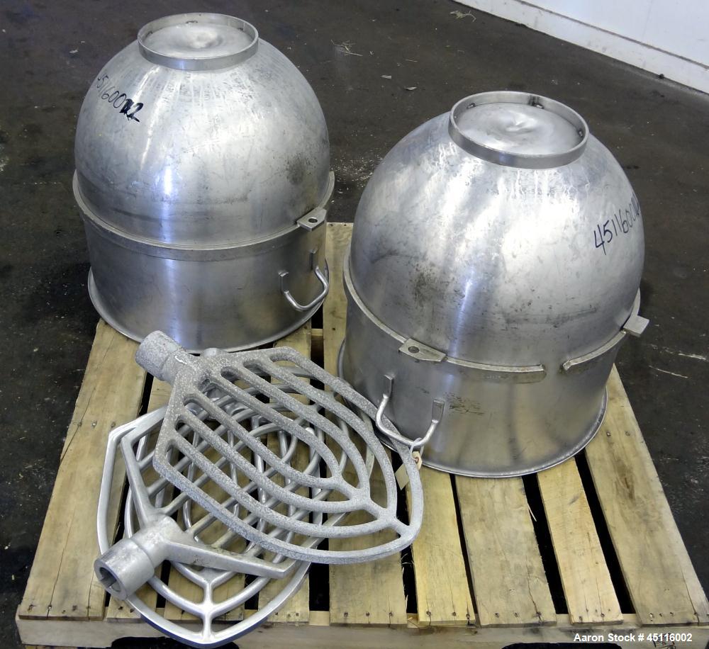 Used Hobart 140 Quart Parts Consisting Of: (2) 304 Stainless steel mixing bowls, and (3) "B" aluminum flat beaters.