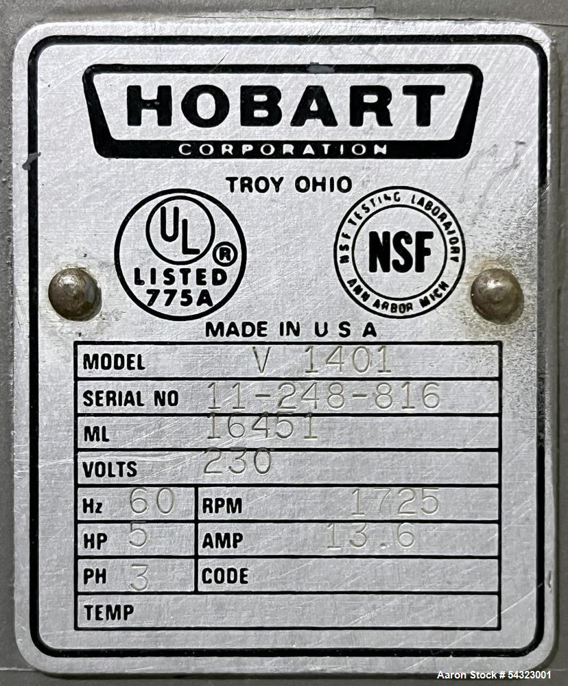 Used Hobart 140-Quart All Purpose Mixer, Model V 1401. 5HP motor. Serial# 11-248-816. 3/60/230 Volt, 13.6 Amp.