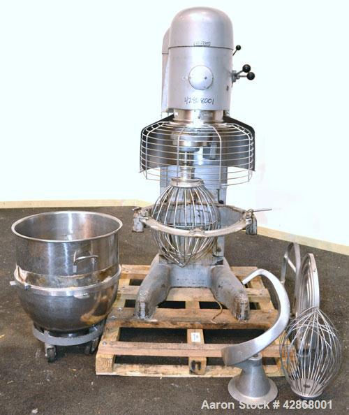 Used Hobart All Purpose Mixer, Model V1401, 140 Quart Capacity. (4) Fixed speeds with timer, approximate agitator rpm 46, 80, 150, and 265. Includes a wire stainless steel bowl guard, power bowl lift...