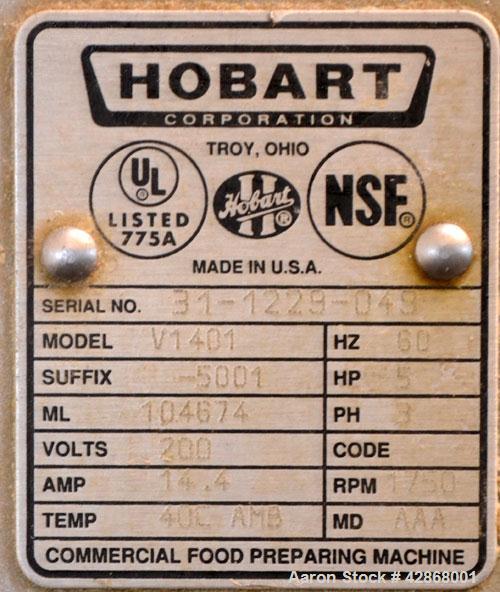 Used Hobart All Purpose Mixer, Model V1401, 140 Quart Capacity. (4) Fixed speeds with timer, approximate agitator rpm 46, 80, 150, and 265. Includes a wire stainless steel bowl guard, power bowl lift...