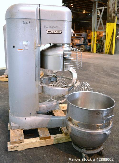 Used Hobart All Purpose Mixer, Model V1401, 140 Quart Capacity. (4) Fixed speeds with timer, approximate agitator rpm 46, 80, 150, and 265. Includes a wire stainless steel bowl guard, power bowl lift...