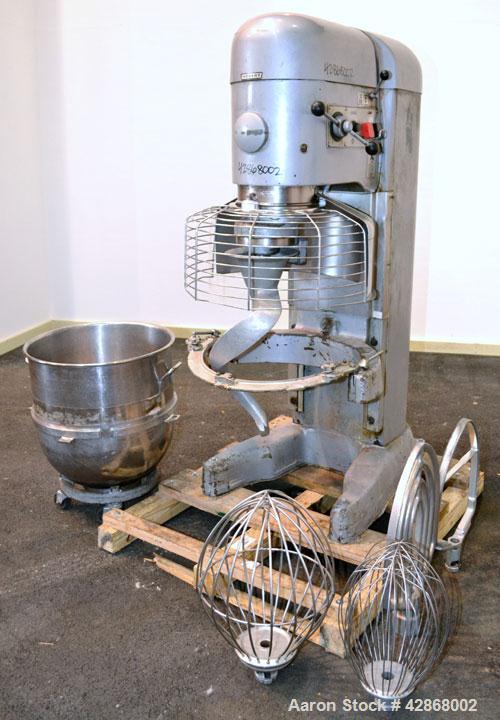 Used Hobart All Purpose Mixer, Model V1401, 140 Quart Capacity. (4) Fixed speeds with timer, approximate agitator rpm 46, 80, 150, and 265. Includes a wire stainless steel bowl guard, power bowl lift...