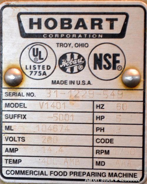 Used Hobart All Purpose Mixer, Model V1401, 140 Quart Capacity. (4) Fixed speeds with timer, approximate agitator rpm 46, 80, 150, and 265. Includes a wire stainless steel bowl guard, power bowl lift...