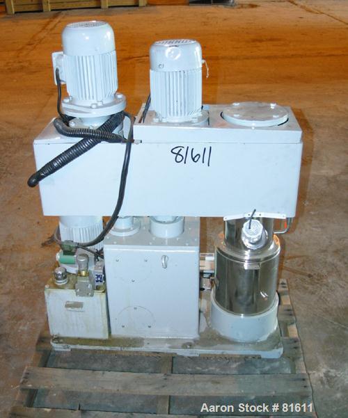 USED: Hong Yun Machinery planetary Powermix, model DLH-2. Mixing capacity of .75 to .50 gallons, total capacity of .6 gallons, 304 stainless steel. Jacketed mix can 6-3/4" diameter x 6-1/2" deep, top...