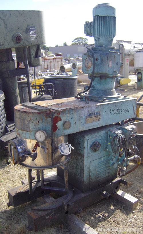 Used Inoue double planetary mixer, model PLM-V-50-V, stainless steel. Approximately 15 gallon. Driven by a 3.7 kw, 3/60/460 volt motor. Includes an 18 1/2" diameter x 13" deep jacketed mixing can. Bu...