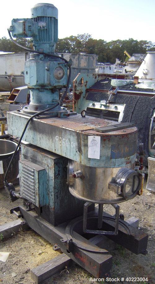 Used Inoue double planetary mixer, model PLM-V-50-V, stainless steel. Approximately 15 gallon. Driven by a 3.7 kw, 3/60/460 volt motor. Includes an 18 1/2" diameter x 13" deep jacketed mixing can. Bu...
