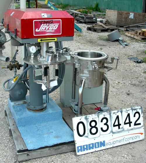 USED: Jaygo Dual Shaft Variable Speed Mixer, model DSVS 1/0.5, 316 stainless steel. Change can design. 2 gallon working capacity, 3.5 total. (1) 10-1/2" diameter x 9-1/2" deep jacketed can, 2" bottom...