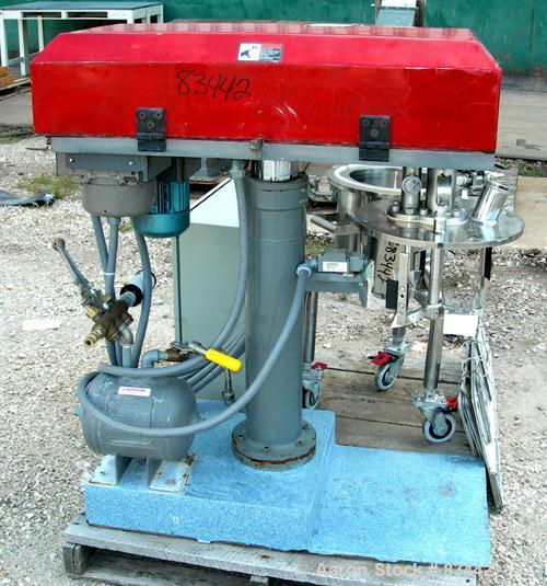USED: Jaygo Dual Shaft Variable Speed Mixer, model DSVS 1/0.5, 316 stainless steel. Change can design. 2 gallon working capacity, 3.5 total. (1) 10-1/2" diameter x 9-1/2" deep jacketed can, 2" bottom...