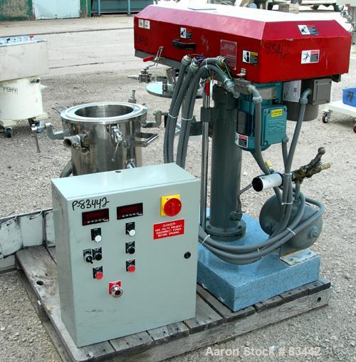 USED: Jaygo Dual Shaft Variable Speed Mixer, model DSVS 1/0.5, 316 stainless steel. Change can design. 2 gallon working capacity, 3.5 total. (1) 10-1/2" diameter x 9-1/2" deep jacketed can, 2" bottom...