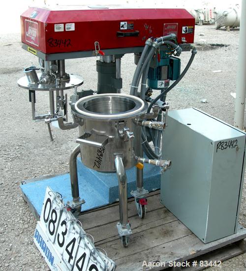 USED: Jaygo Dual Shaft Variable Speed Mixer, model DSVS 1/0.5, 316 stainless steel. Change can design. 2 gallon working capacity, 3.5 total. (1) 10-1/2" diameter x 9-1/2" deep jacketed can, 2" bottom...