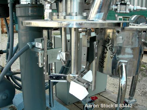 USED: Jaygo Dual Shaft Variable Speed Mixer, model DSVS 1/0.5, 316 stainless steel. Change can design. 2 gallon working capacity, 3.5 total. (1) 10-1/2" diameter x 9-1/2" deep jacketed can, 2" bottom...