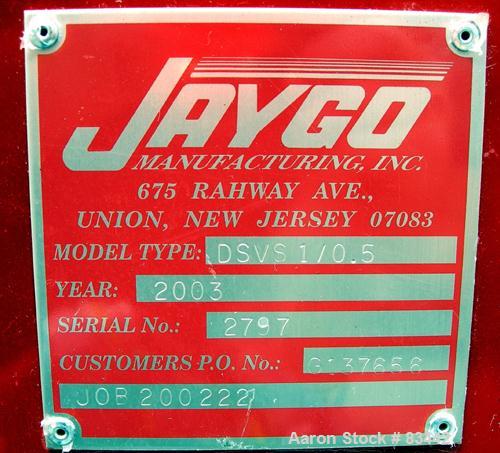 USED: Jaygo Dual Shaft Variable Speed Mixer, model DSVS 1/0.5, 316 stainless steel. Change can design. 2 gallon working capacity, 3.5 total. (1) 10-1/2" diameter x 9-1/2" deep jacketed can, 2" bottom...
