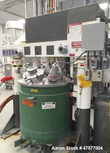 Used Myers Dual Shaft Vacuum Mixer, Model V550AH-20-30-1539. The mix cans measure 44" ID x about 46" deep which results in a volume of about 300 US gallons. Working volume is less. The mix cans have ...