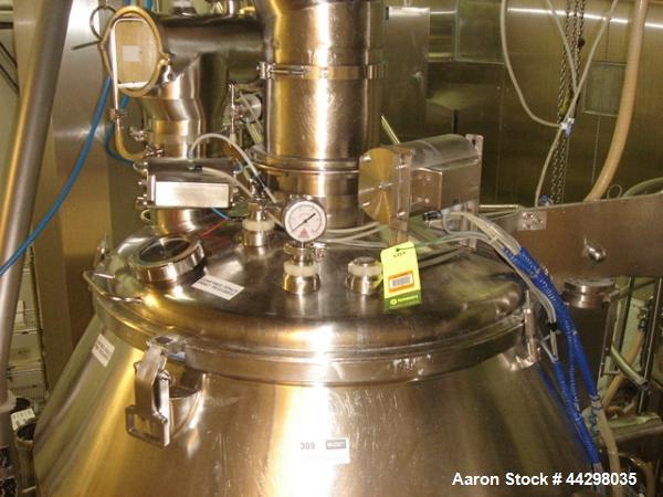 Used Niro Fielder High Shear Granulating Mixer, Model PMA-1200, 316 stainless steel construction, 50 kw DC main impeller, 0-140 rpm, 22/15 kw DC chopper, 3600/1800 rpm, jacketed bowl rated 2 bar at 8...