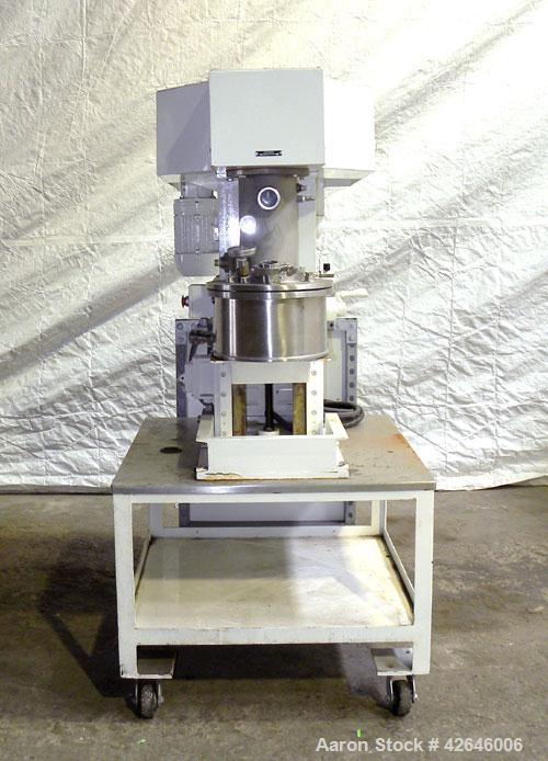 Used Premier Mill Prem-A-Mix ESD Dual Shaft Disperser, model ESD/1/2, 316 stainless steel. 2 Gallon working capacity, 2-3/4 total. Stainless steel jacketed mixing can 10-1/2" diameter x 7" deep, inte...