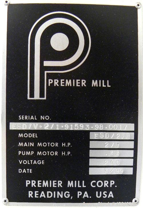 Used Premier Mill Prem-A-Mix ESD Dual Shaft Disperser, model ESD/1/2, 316 stainless steel. 2 Gallon working capacity, 2-3/4 total. Stainless steel jacketed mixing can 10-1/2" diameter x 7" deep, inte...