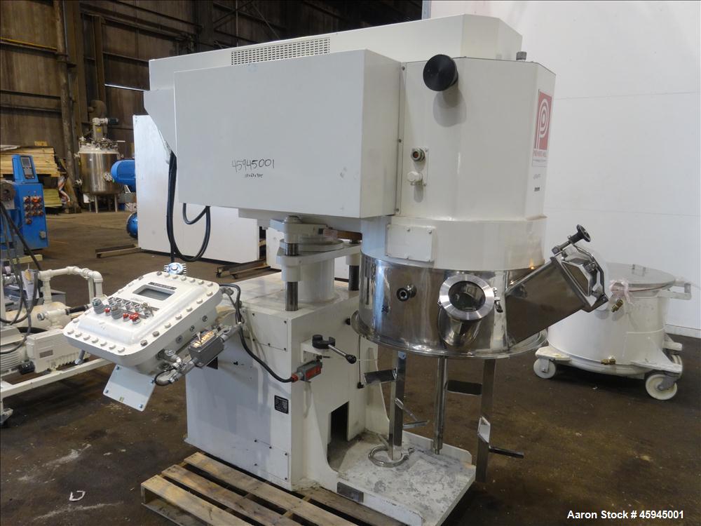 Used Premier Mill Triple Shaft Hidrobot Planetary Mixer, Model MPVDV-360. Approximately 96 gallon total capacity. 304 stainless steel contact parts. With (3) jacketed mix cans, each approx. 31 " ID x...