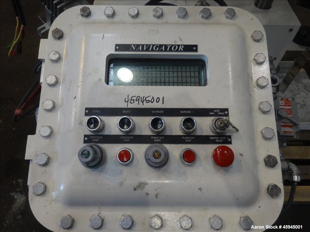 Used Premier Mill Triple Shaft Hidrobot Planetary Mixer, Model MPVDV-360. Approximately 96 gallon total capacity. 304 stainless steel contact parts. With (3) jacketed mix cans, each approx. 31 " ID x...