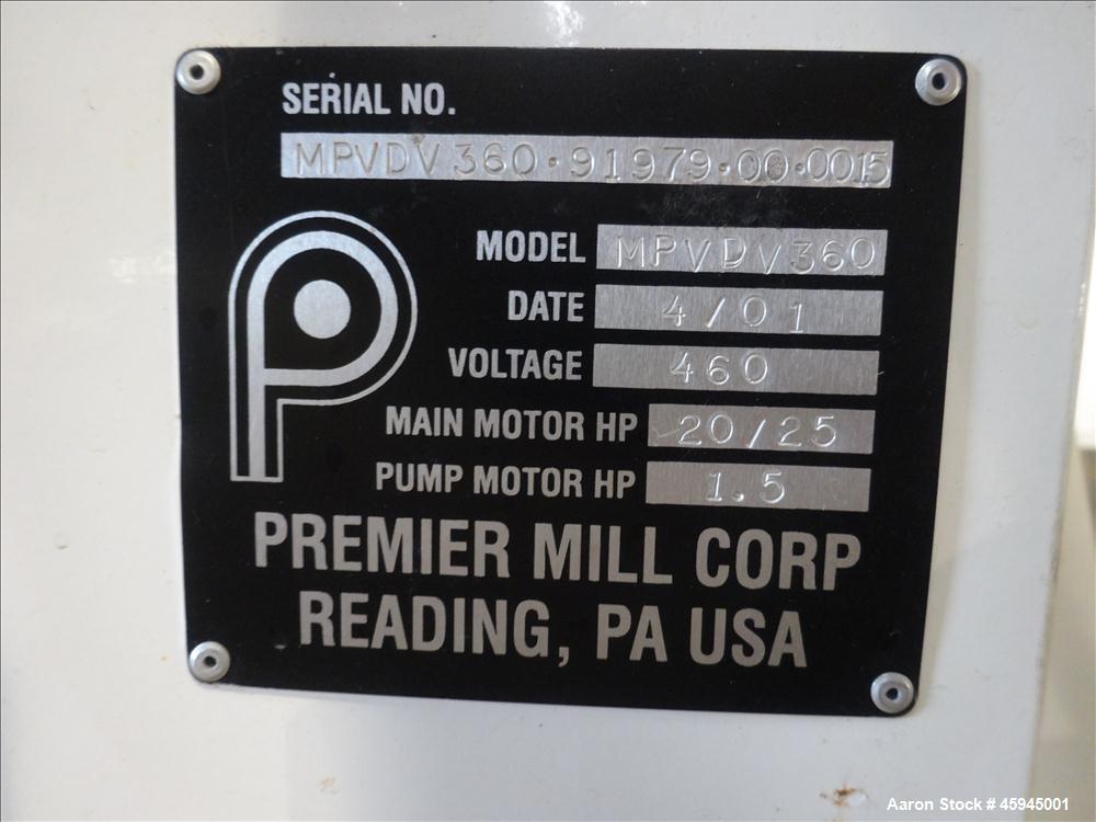 Used Premier Mill Triple Shaft Hidrobot Planetary Mixer, Model MPVDV-360. Approximately 96 gallon total capacity. 304 stainless steel contact parts. With (3) jacketed mix cans, each approx. 31 " ID x...