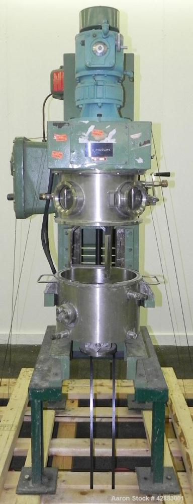 Used Premier Vacuum Double Planetary Mixer, Model PLM 15, 304 Stainless Steel. Mixing capacity 11 liter (2.91 gallon), 15 liter (3.96 gallon) total. Orbital speed 8.5 to 34.1 rpm. 304 Stainless steel...