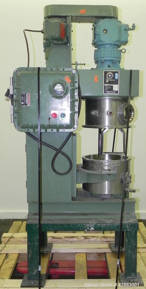 Used Premier Vacuum Double Planetary Mixer, Model PLM 15, 304 Stainless Steel. Mixing capacity 11 liter (2.91 gallon), 15 liter (3.96 gallon) total. Orbital speed 8.5 to 34.1 rpm. 304 Stainless steel...