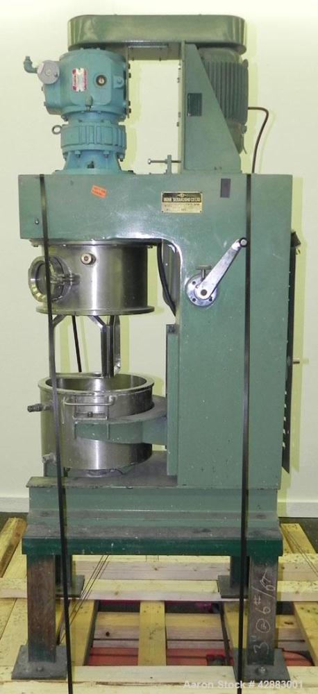 Used Premier Vacuum Double Planetary Mixer, Model PLM 15, 304 Stainless Steel. Mixing capacity 11 liter (2.91 gallon), 15 liter (3.96 gallon) total. Orbital speed 8.5 to 34.1 rpm. 304 Stainless steel...