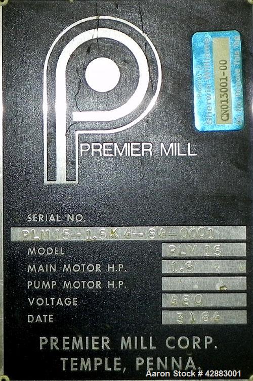Used Premier Vacuum Double Planetary Mixer, Model PLM 15, 304 Stainless Steel. Mixing capacity 11 liter (2.91 gallon), 15 liter (3.96 gallon) total. Orbital speed 8.5 to 34.1 rpm. 304 Stainless steel...