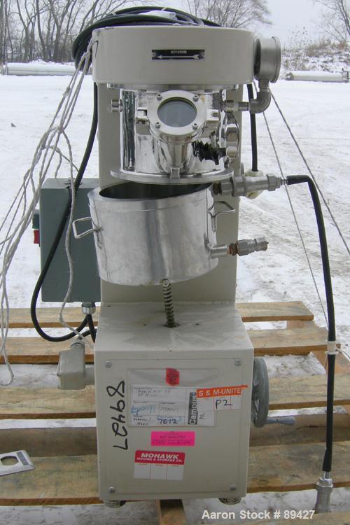 Used Premier Lab Size Vacuum Double Planetary Mixer, Model PLM 1.5, 316 stainless steel. Mixing capacity 1.40 liter (0.38 gallon), total 1.73 liter (0.46 gallon). Orbital speed 12-47 rpm, stirrers 33...